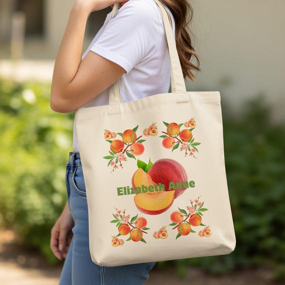Personalized Peach Tote Bag, Custom Name Tote, Summer Fruit Bag