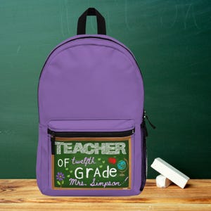 Personalized Teacher Backpack, School Bag, Gift for Teacher, Back to School, Chalkboard Design, Purple Backpack Custom Name Bag Gift for Her