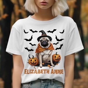Personalized Halloween Pug T-Shirt, Witch Pug Tee, Custom Dog Lover Gift for Her/Him Spooky Season Bat Shirt, Cute Halloween T-shirts/Tees