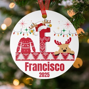 Personalized Initial F Ornament, Custom Gift Name Ornament, Reindeer Santa Hat Ornament, Year Keepsake Ornament, Family Christmas Ornament