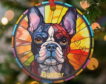 Ornamento personalizzato Boston Terrier, stile vetro colorato, ornamento personalizzato con nome del cane, regalo commemorativo unico per animali domestici, ornamento colorato per cani