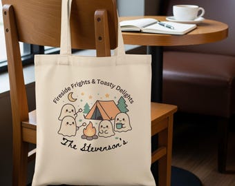 Personlig tygväska, Toasty Delights spökväska, campingtygväska, kawaii spökdesign, tygväska med spöksäsong, present till henne med eldstadsskräck