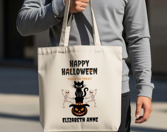 Personalized Halloween Tote Bag, Cat Pumpkin Trick or Treat Bag Spooky Cute Halloween Bag Custom Name Halloween Party Favor Bag Gift for Her