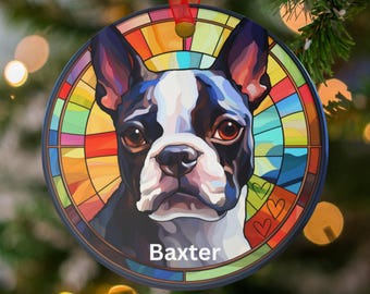 Ornamento personalizzato per cani, regalo Boston Terrier, ornamento per animali domestici con effetto vetro colorato, memoriale personalizzato per animali domestici, regalo per amanti dei cani, ornamento commemorativo