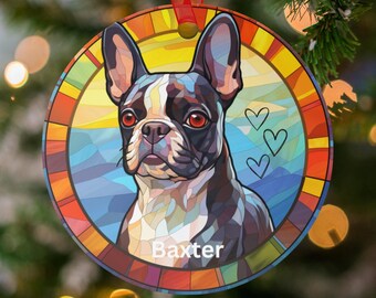 Ornamento personalizzato Boston Terrier, ornamento per cani effetto vetro colorato, ornamento personalizzato per animali domestici, ornamento commemorativo per cani, regalo per amanti dei cani