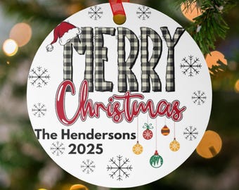 Adorno personalizado, adorno de Feliz Navidad, adorno con nombre de familia, adorno de año personalizado, adorno a cuadros de búfalo, decoración navideña para árbol