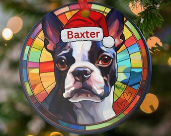 Ornamento personalizzato Boston Terrier, ornamento personalizzato con nome del cane, ornamento commemorativo per animali domestici, decorazioni natalizie, regalo di Natale colorato Boston Terrier