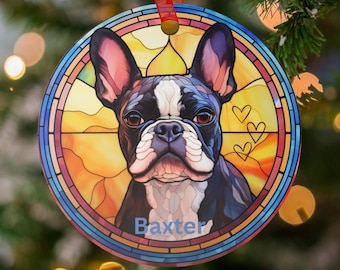 Ornamento personalizzato Boston Terrier, ornamento per cani con effetto vetro colorato, memoriale personalizzato per animali domestici, regalo per amanti dei cani, ornamento ricordo, adozione di cani