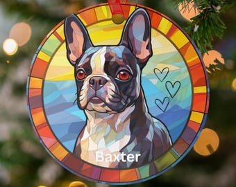 Ornamento personalizzato Boston Terrier, ornamento personalizzato con ritratto di cane, regalo commemorativo per animali domestici, ornamento in stile vetro colorato, ornamento unico per cani