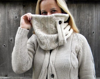 Upcycled Reversible Women Neck Warmer Cowl Scarf  Wrap Wool / Acrylic Blend Cream Beige Pattern & Brown