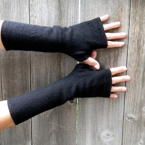 Upcycled 100% Merino Wool Or Cashmere Women  Arm Warmers Fingerless Gloves Wrist Warmers Classic Black