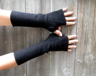 Upcycled 100% Cashmere Women  Arm Warmers Fingerless Gloves Wrist Warmers Classic Black