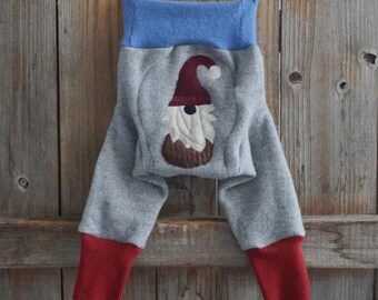 Upcycled Cashmere Longies Soaker Diaper Cover Gray Blue Red Gnome Applique MEDIUM 6-12 Months