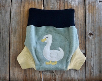 Upcycled 100% Cashmere Diaper Cover Soaker Cover With Added Doubler Sage Green Yellow Black With Goose Applique MEDIUM (6-12 Months)