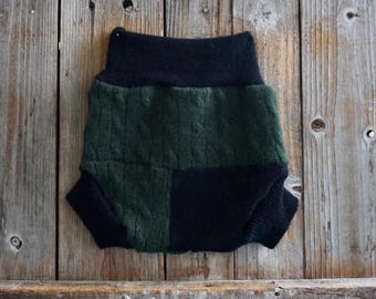 Upcycled Cashmere Diaper Cover Shorties: Green/Black Patchwork, 12-24 Months