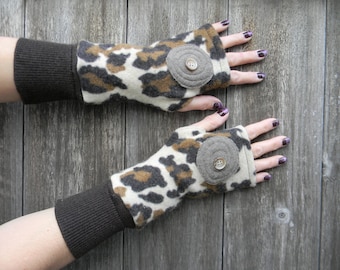 Upcycled Women Wool Arm Warmers Fingerless Gloves Wrist Warmers Brown Beige Patten One Size Fits All