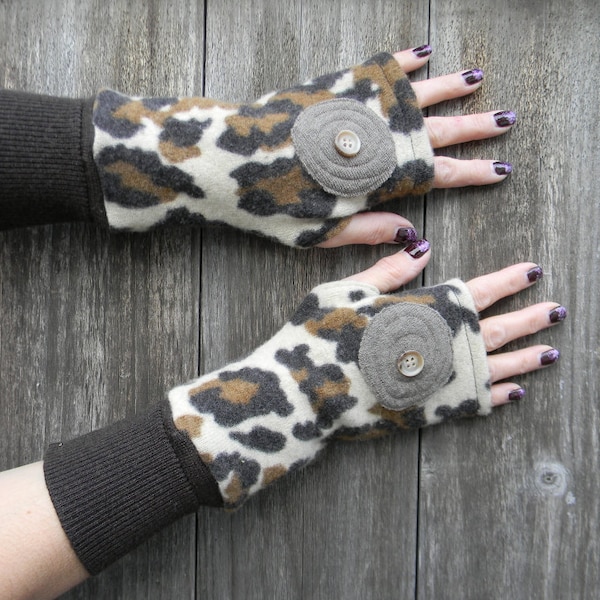 Upcycled Women Wool Arm Warmers Fingerless Gloves Wrist Warmers Brown Beige Patten One Size Fits All