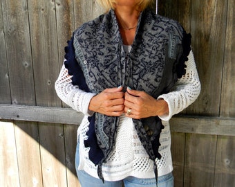 Upcycled Wool /Merino Wool Ruffled Women Scarf Neck Warmer Cowl neck Shawl Wrap Blue & Gray Pattern