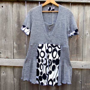 Upcycled Women Short Sleeve Top Tunic Loose Women Top Wearable Art Bohemian Clothing Women  Dress MEDIUM Gray / Black & White Bold Pattern