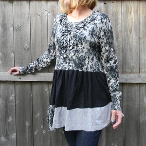 Upcycled Women Long Sleeve Top Tunic Loose Women Top Wearable Art Bohemian Clothing Women Large Dress Black/Gray Floral Martinisq