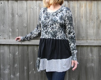 Upcycled Women Long Sleeve Top Tunic Loose Women Top Wearable Art Bohemian Clothing Women Large Dress Black/Gray Floral Martinisq