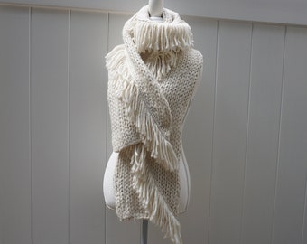 Hand knit Women Acrylic Long Scarf Neck Warmer Cowl Scarflette Shawl White With Fringe Ivory / Of White