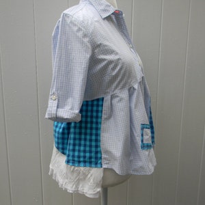 Upcycled Women Reconstructed Top Tunic Blouse Wearable Art Bohemian Clothing Loose Top MEDIUM Blue/ Teal/White