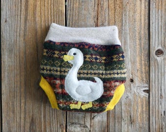 Upcycled Lambswool And Cashmere Diaper Cover Soaker Cover: Goose Applique, NEWBORN ( 0-3 Months)