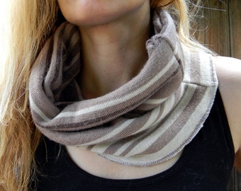 Upcycled Women Neck Warmer Cowl Brown/ Beige/ Cream Stripes  Reversible One Size Fits All