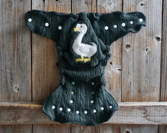 Upcycled Cashmere Nappy Cover Diaper Cover Wool Wrap One Size Fits Most Green With Goose Applique And Extra Doubler/ Navy Blue
