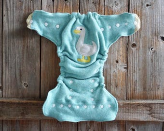 Myecobaby Upcycled Cashmere Nappy Cover Diaper Cover Wool Wrap One Size Fits Most Turquoise With Goose Applique And Extra Doubler/ Gray
