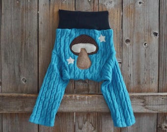 Upcycled Cashmere  Baby Longies Soaker Cover : Sea Blue & Black Mushroom Applique MEDIUM 6-12 Months
