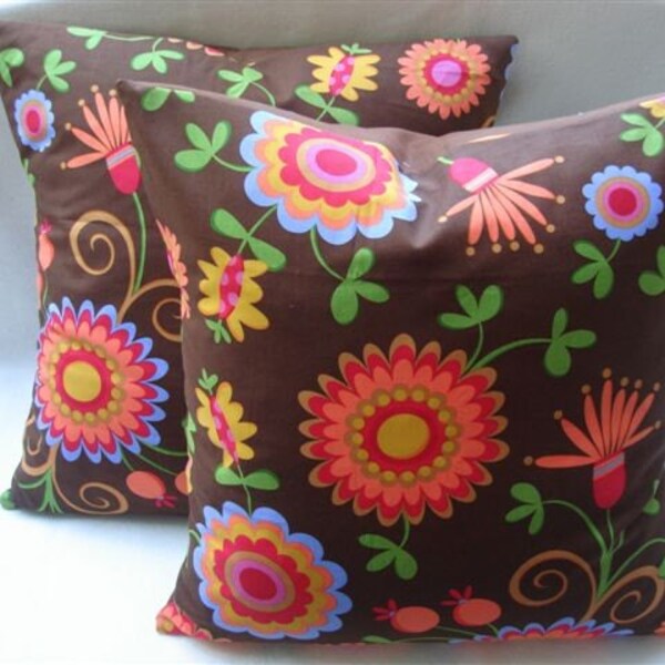Michael Miller Pretty Bird Dancing Flowers Brown Set Of Two 18X18 Pillow Covers