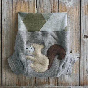 Upcycled 100% Cashmere / Merino Wool Diaper Cover Soaker Cover With Added Doubler Tan With Squirrel Applique MEDIUM 6-12 Months