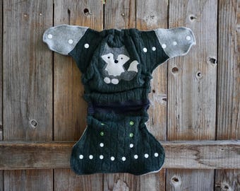 Upcycled Cashmere Nappy Cover Diaper Cover Wool Wrap One Size Fits Most Green Gray/ Brown With Wolf Applique And Extra Doubler/ Light Gray