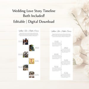 Peut inclure: Un téléchargement numérique de chronologie d'histoire d'amour de mariage. Le design présente le texte "Wedding Love Story Timeline Both Included! Editable | Digital Download." La chronologie comprend des photos et des dates.