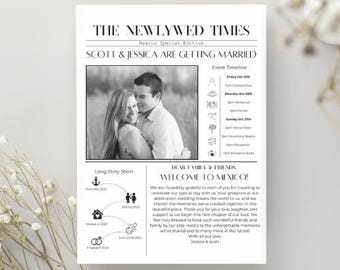 May include: Black and white newspaper style wedding announcement for Scott and Jessica. The announcement includes a photo of the couple, a timeline of events, and a message from the couple to their guests. The text reads "The Newlywed Times, Mexico Special Edition, Scott & Jessica are getting married, Event Timeline, Dear Family & Friends, Welcome to Mexico!"