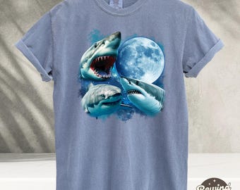 Sharks and Moon Vintage Graphic T-shirts, Retro Shark Shirt, Shark Ocean Lovers, Funny Graphic Tee, Comfort Colors Tshirt, Weirdcore Shirt