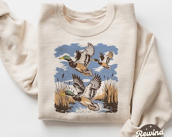 Sudadera de caza de patos, estilo vintage de los 90 con estampado de ánade real, cuello redondo y cómoda de Comfort Colors.