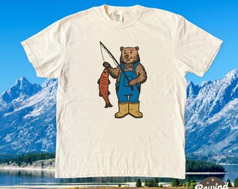 T-shirt berenvissen, comfortkleuren grafisch T-shirt met dieren in het wild, vintage natuurliefhebber cadeau voor visser