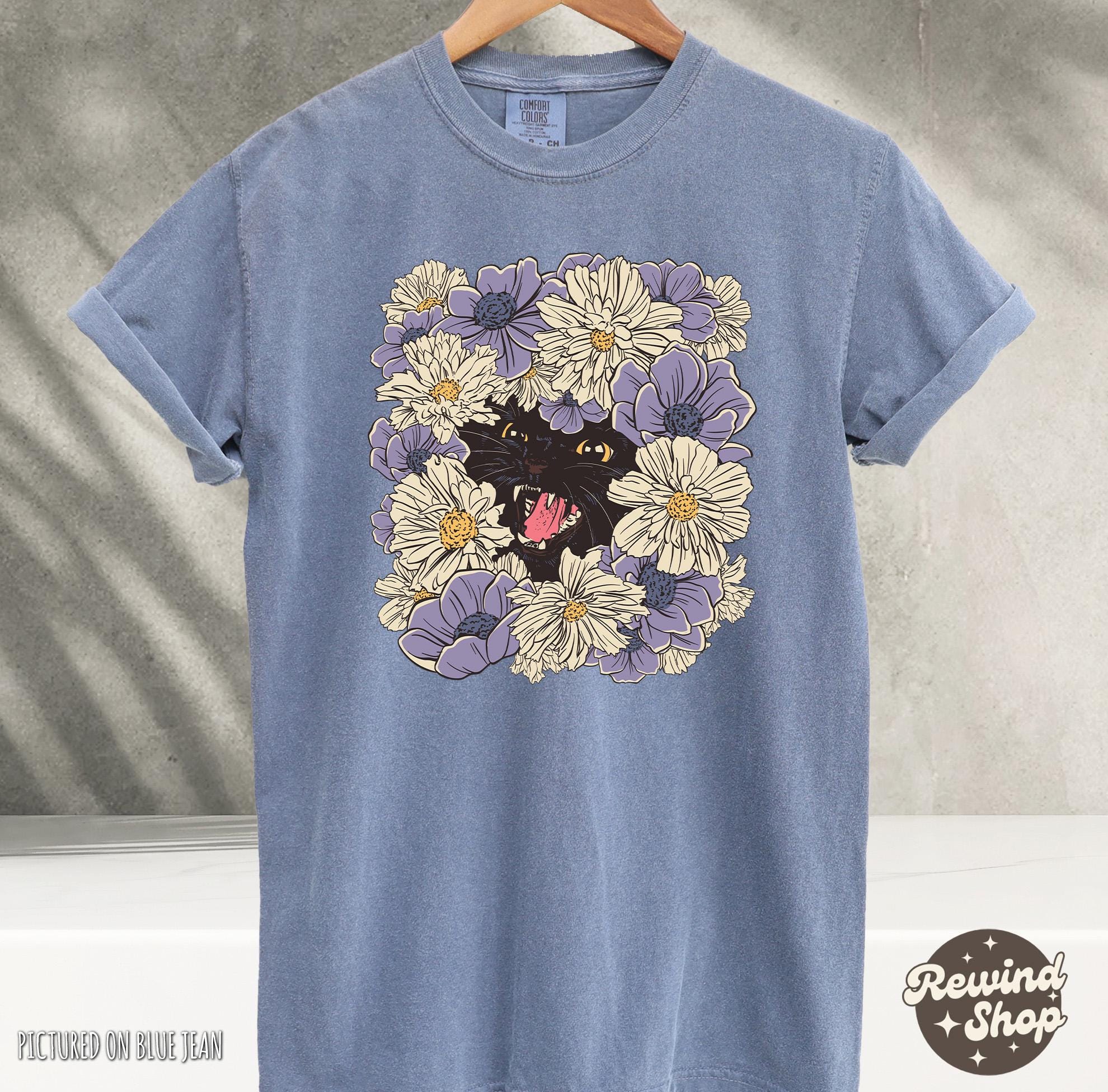 Vintage Floral Black Cat Shirt - Kitten Comfort Colors T-shirt - Cute ...