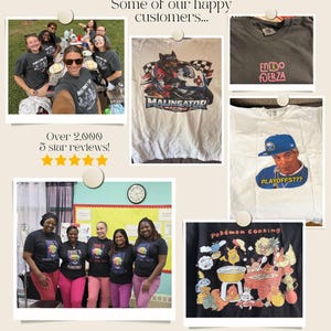 May include: A collage of images showcasing customer satisfaction. Includes photos of people wearing graphic t-shirts, a racing-themed shirt, and a shirt with the text "PLAYOFFS???". The text "Over 2,000 5 star reviews!" is also visible.