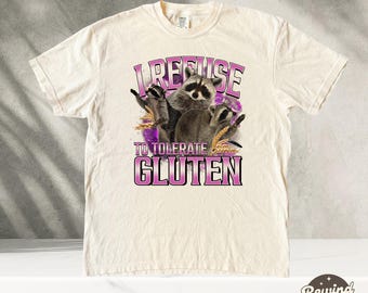 Ik weiger glutenvrij wasbeershirt te tolereren, grappige retro wasbeer-T-shirt, grappig meme-T-shirt, katoenen shirt wasbeer vintage stijl, gluten-shirt