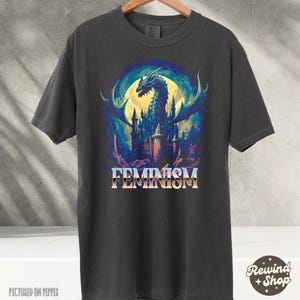 Feminism Dragon Fantasy Vintage Graphic T Shirt, Retro Dragon Shirt, Feminism Shirt, Funny Gifts, Dark Art Grunge Castle Dragon Gothic Shirt