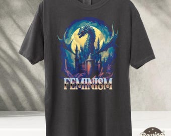 Feminism Dragon Fantasy Vintage Graphic T Shirt, Retro Dragon Shirt, Feminism Shirt, Funny Gifts, Dark Art Grunge Castle Dragon Gothic Shirt