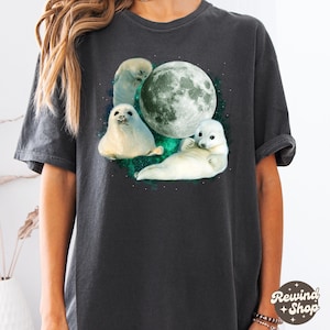 ウィアードコア ベビーシールムーン ヴィンテージシャツ、おもしろグラフィックTシャツ、レトロなシール愛好家シャツ、シール愛好家、かわいいシードッグTシャツ、リラックスウォッシュ大人用Tシャツ