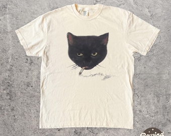 Black Cat Smoking Tshirt, y2k Kitty Graphic Tee, Vintage Cat Comfort Colors alt Clothing