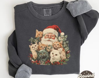 Sudadera retro con gatitos de Papá Noel y colores cómodos - Suéter navideño vintage de Papá Noel y gatos