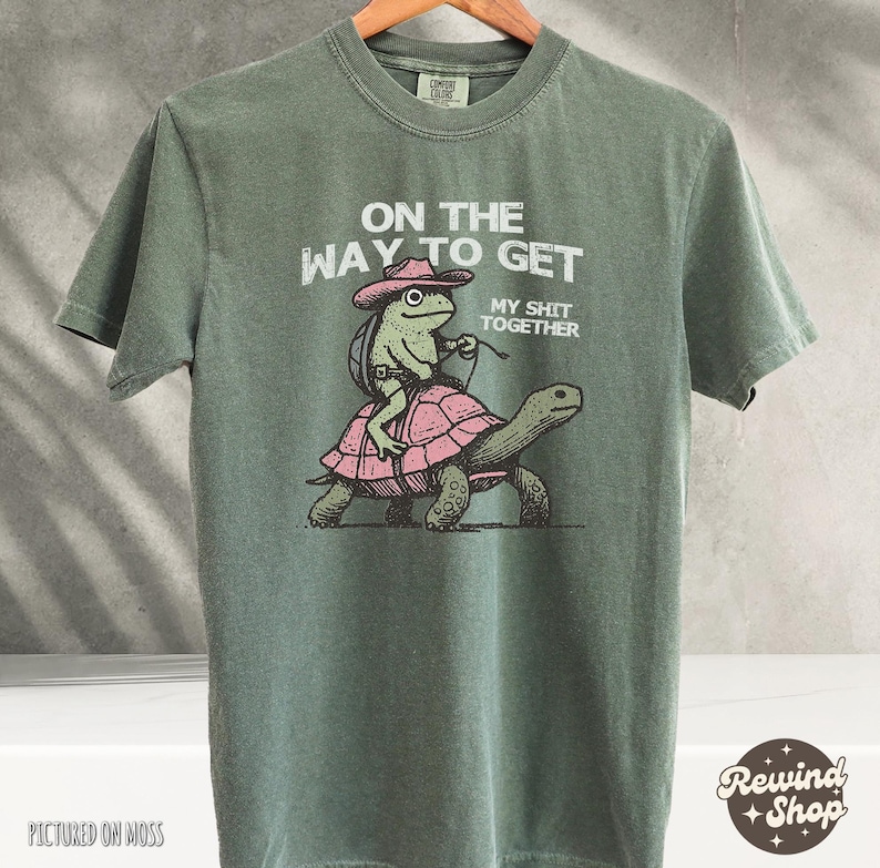Funny Turtle On My Way To Get My Stuff Together, Vintage Frog TShirt, Funny Frog Shirt, Vintage Distressed Magic Shirt, Comfort Colors Moss