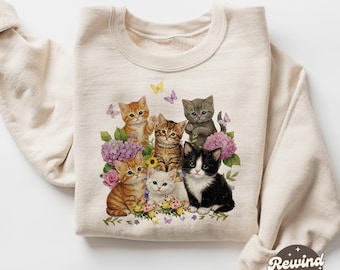 Sweat rétro couleurs confort chaton, pull vintage pour amoureux des chats, col rond unisexe bohème floral chats papillon